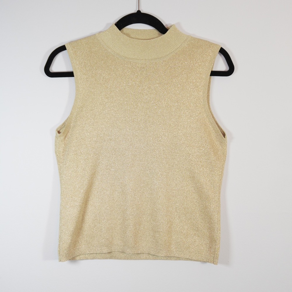 Euro-X Silk Metallic Mock Neck Sleeveless Knit Top Gold Shimmer 2000s M